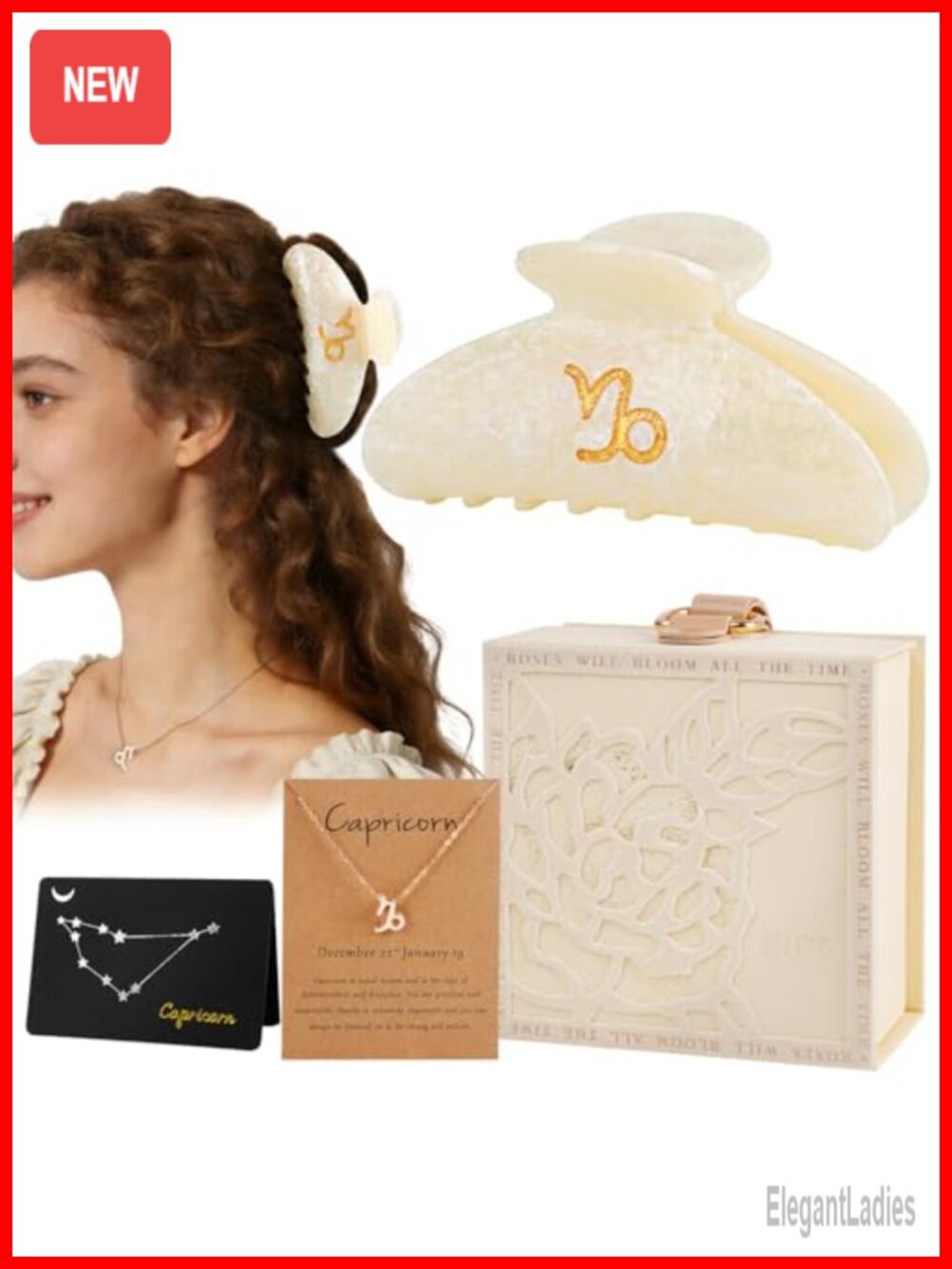 Capricorn Zodiac Gift Set for Women, Acrylic Hair Claw, Necklace, Star Sign Card